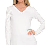 Essential L/S V-Neck Tee - White Tops Zenana