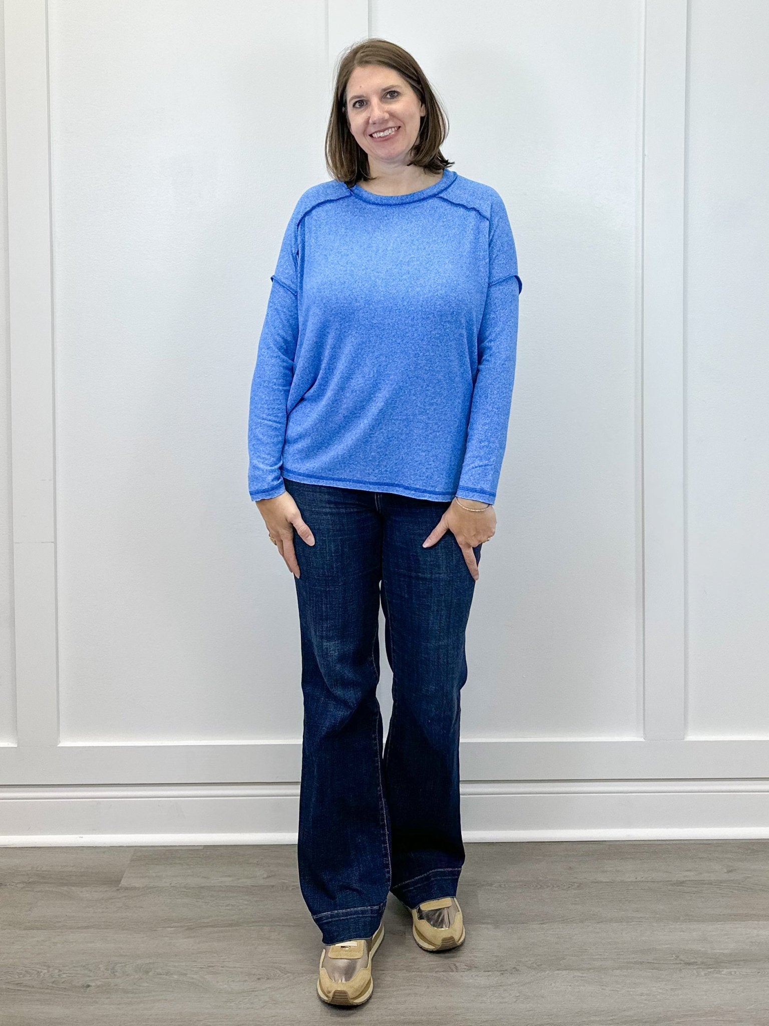 Exposed Seam Brushed Tee - Ocean Blue Tops Zenana