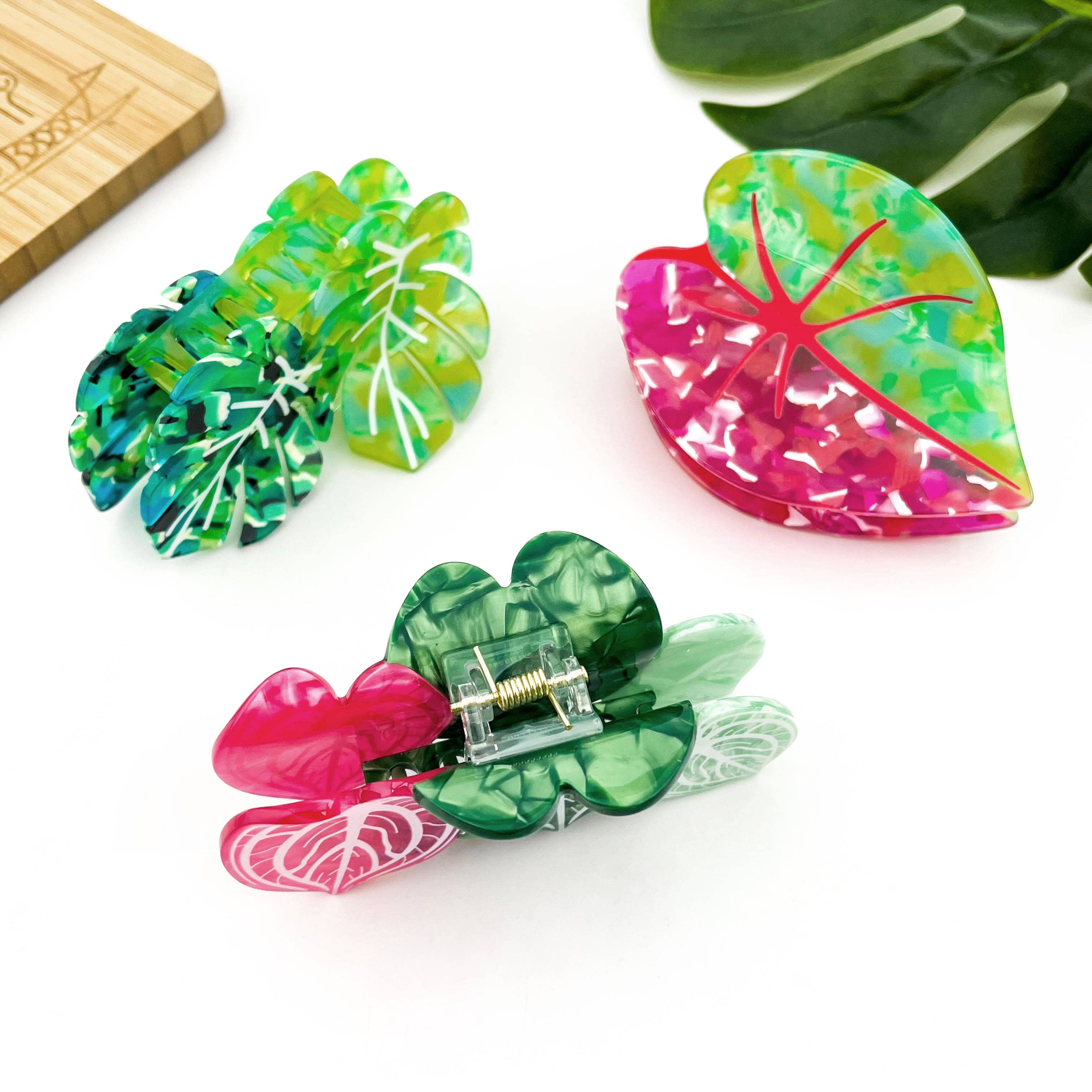 Red Palm Leaf & Monstera Acetate Hair Claw Clip Hair Accessories TheDivaSoap