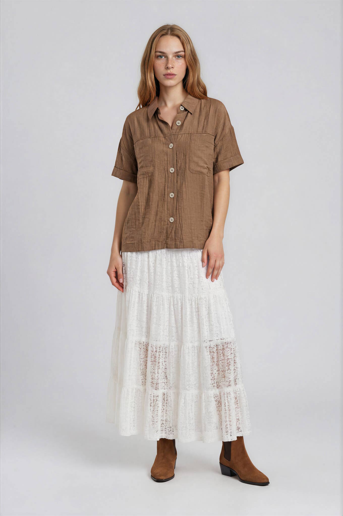 Canyon Comfort Button-Down Top - Brown Tops Blu Pepper