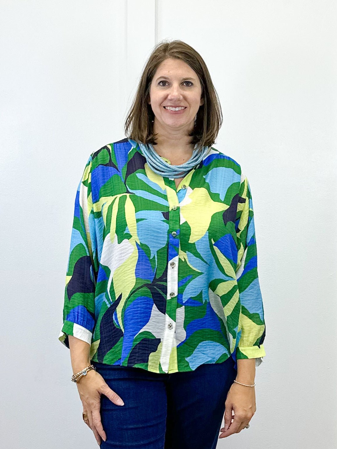 Flowy Dolman Sleeve Blouse w/ Self Covering Buttons - Field Green