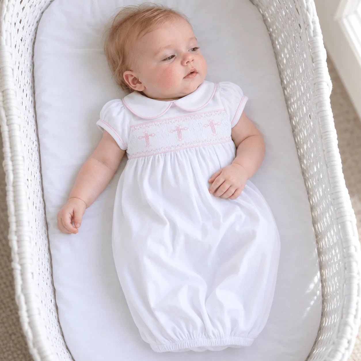 Forever Blessed Smocked Collared Gown - White/Pink - Sugar Babies Children's Boutique/Meg's Shoppe