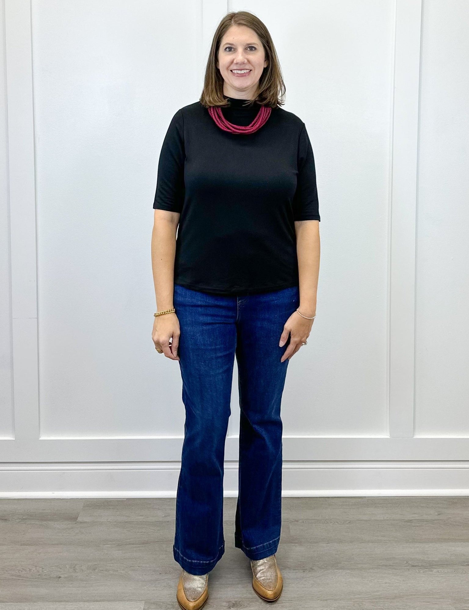 Funnel Neck Elbow Sleeve Knit Top - Black Tops Tribal