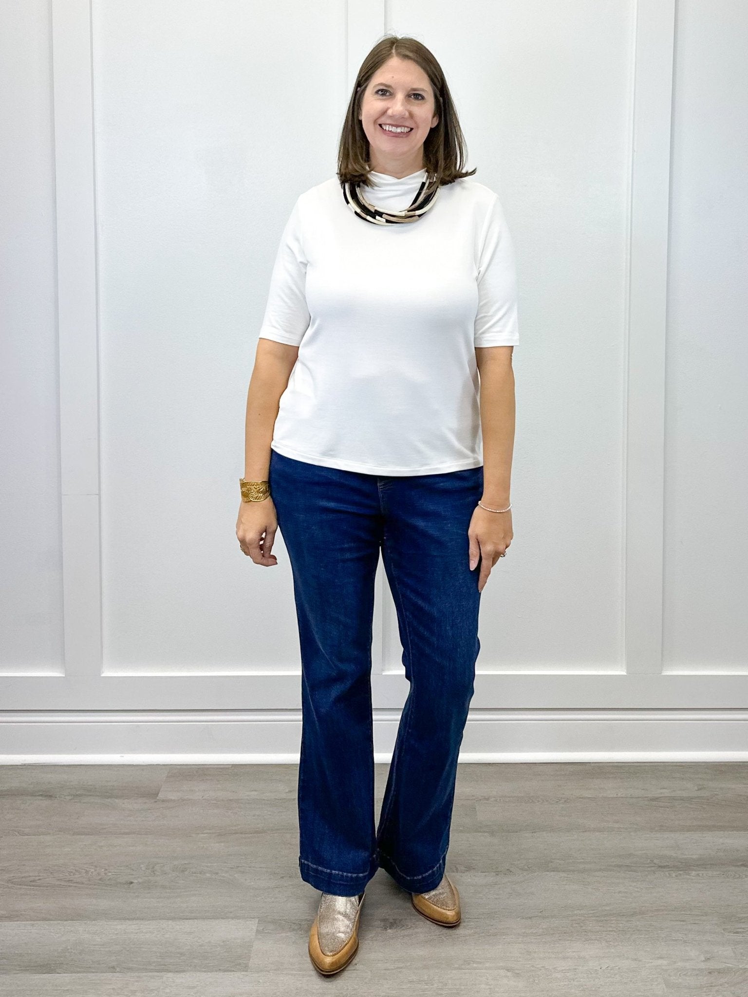 Funnel Neck Elbow Sleeve Knit Top - Eggshell