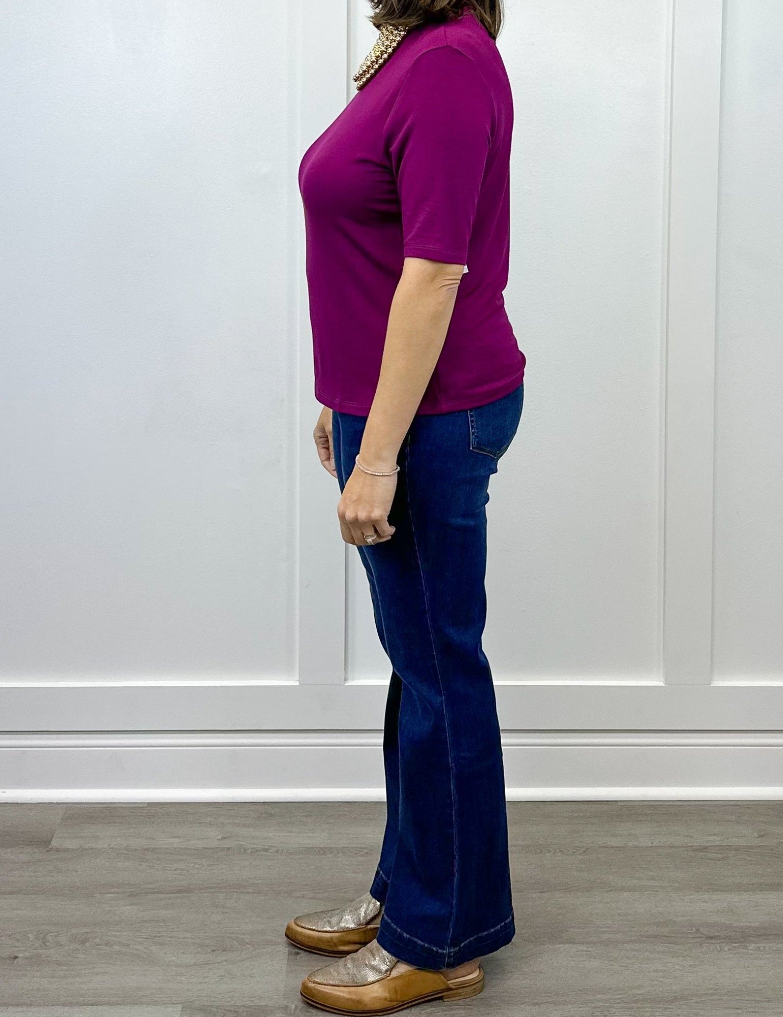 Funnel Neck Elbow Sleeve Knit Top - Plum Wine Tops Tribal