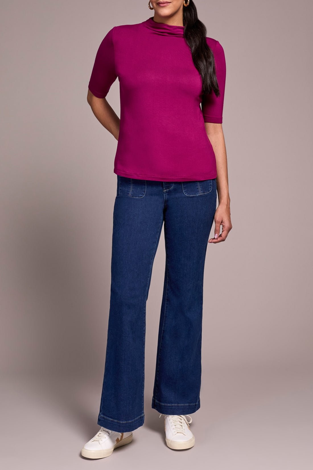 Funnel Neck Elbow Sleeve Knit Top - Plum Wine Tops Tribal