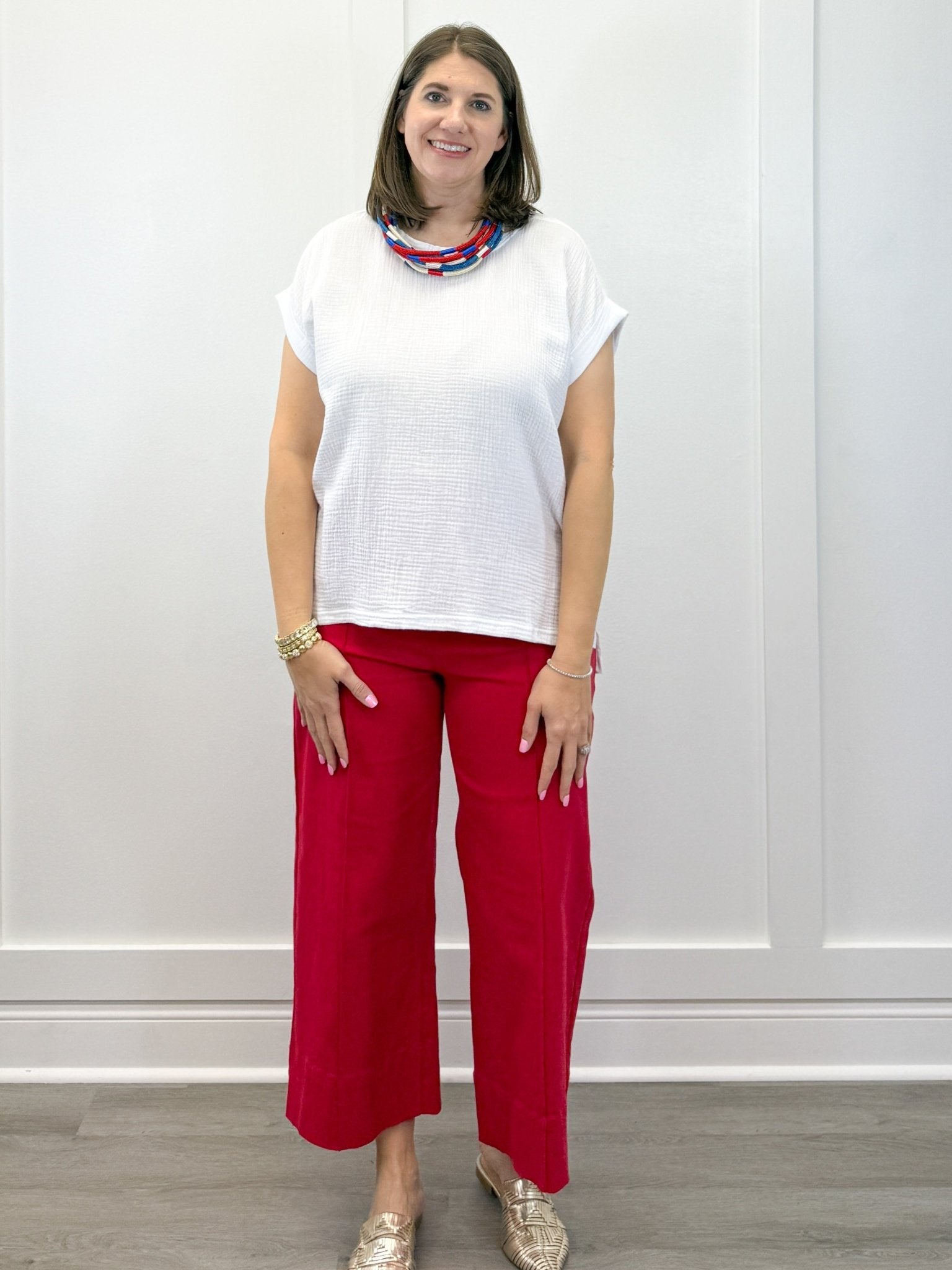 Gauze Round Neck S/S Top - White Tops Zenana
