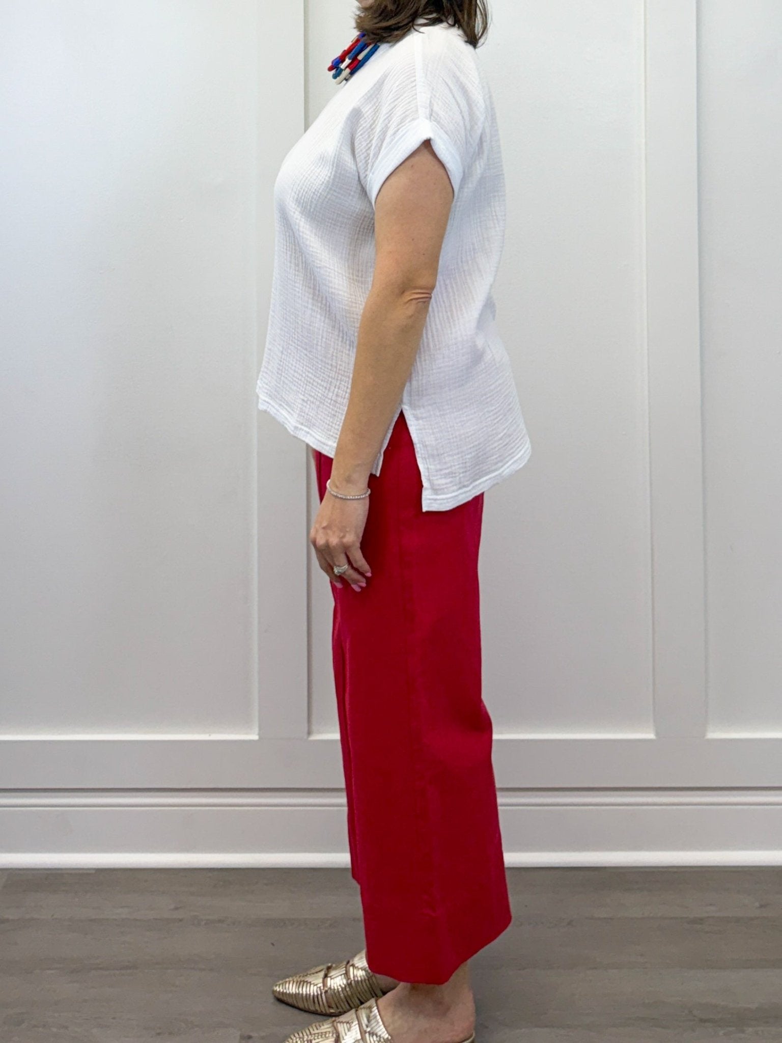 Gauze Round Neck S/S Top - White Tops Zenana