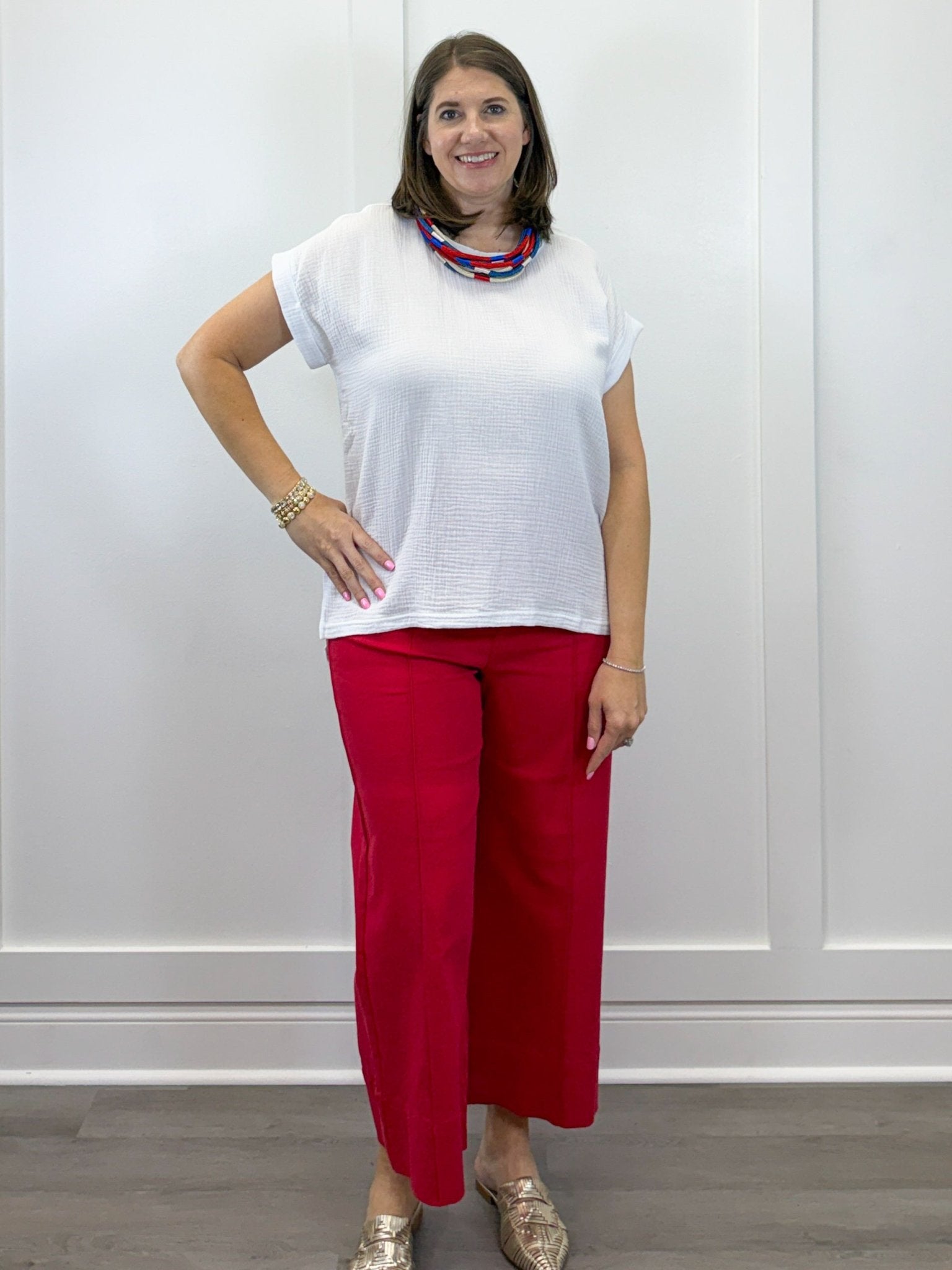 Gauze Round Neck S/S Top - White Tops Zenana
