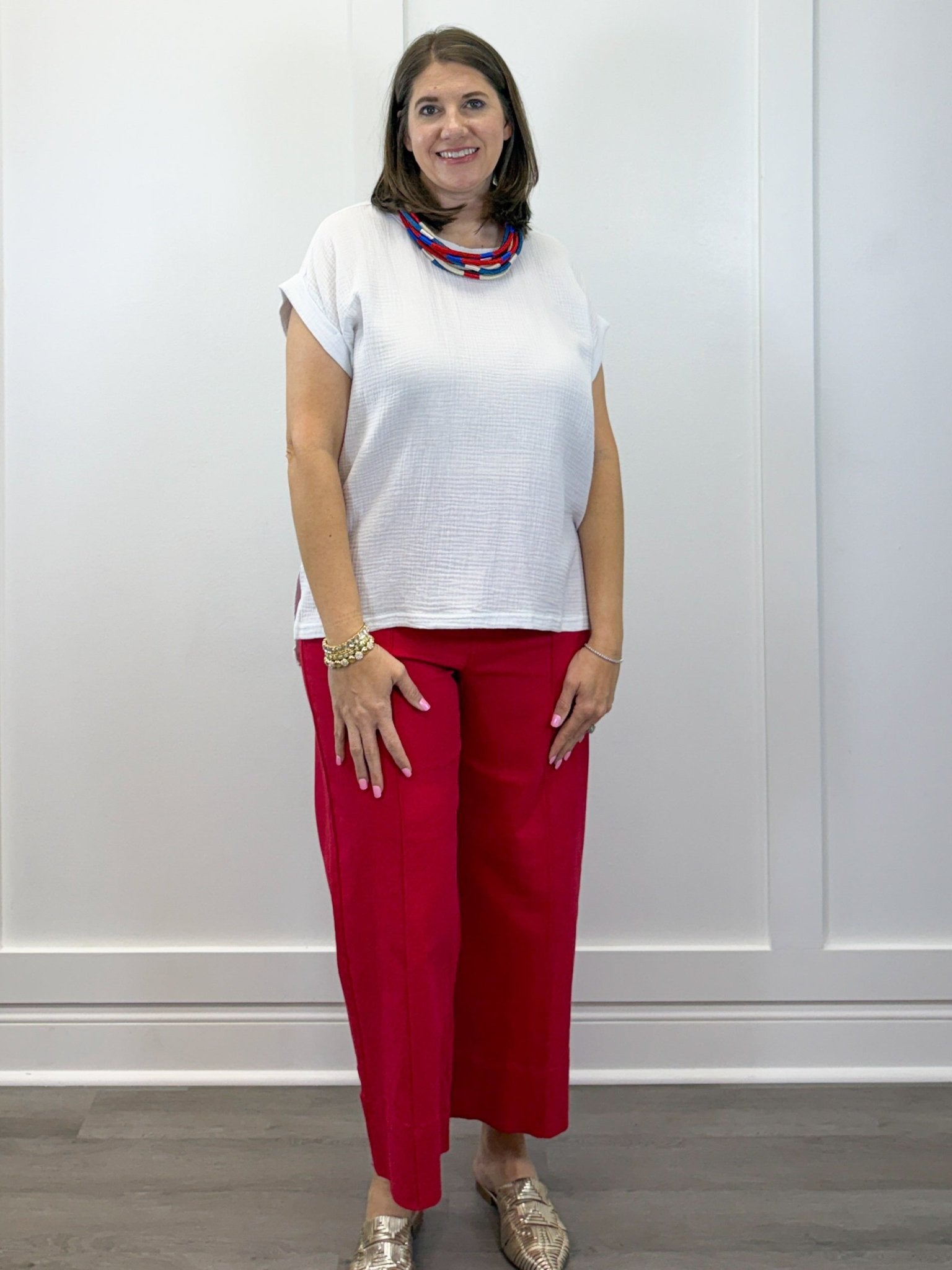 Gauze Round Neck S/S Top - White Tops Zenana