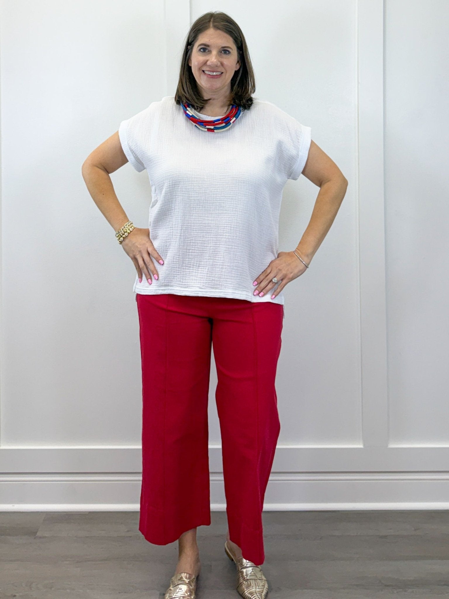 Gauze Round Neck S/S Top - White Tops Zenana