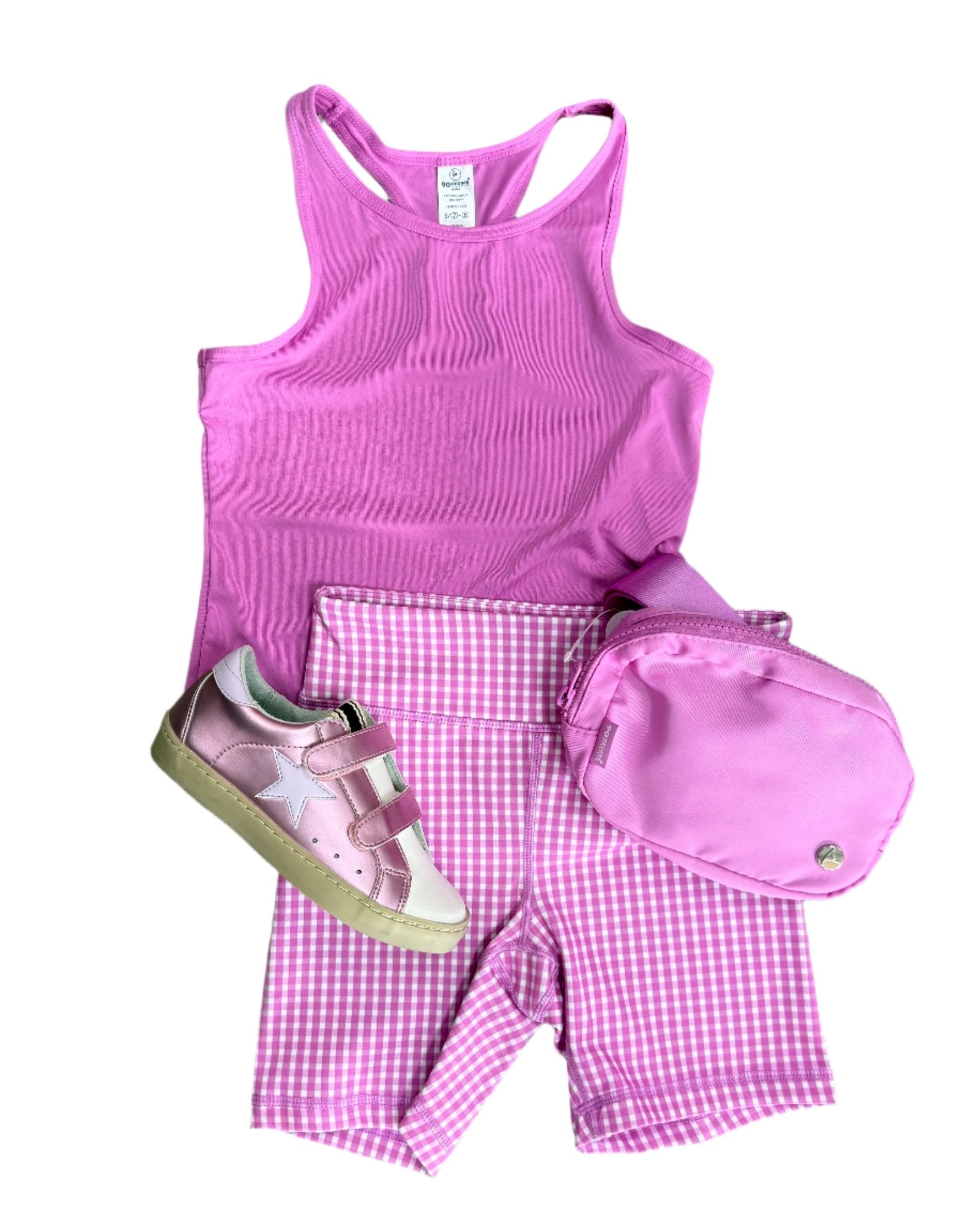 Girls Bike Short + Tank w/ Bag - Picnic Gingham Cyclamen Girls Sets 90 Degree by Reflex