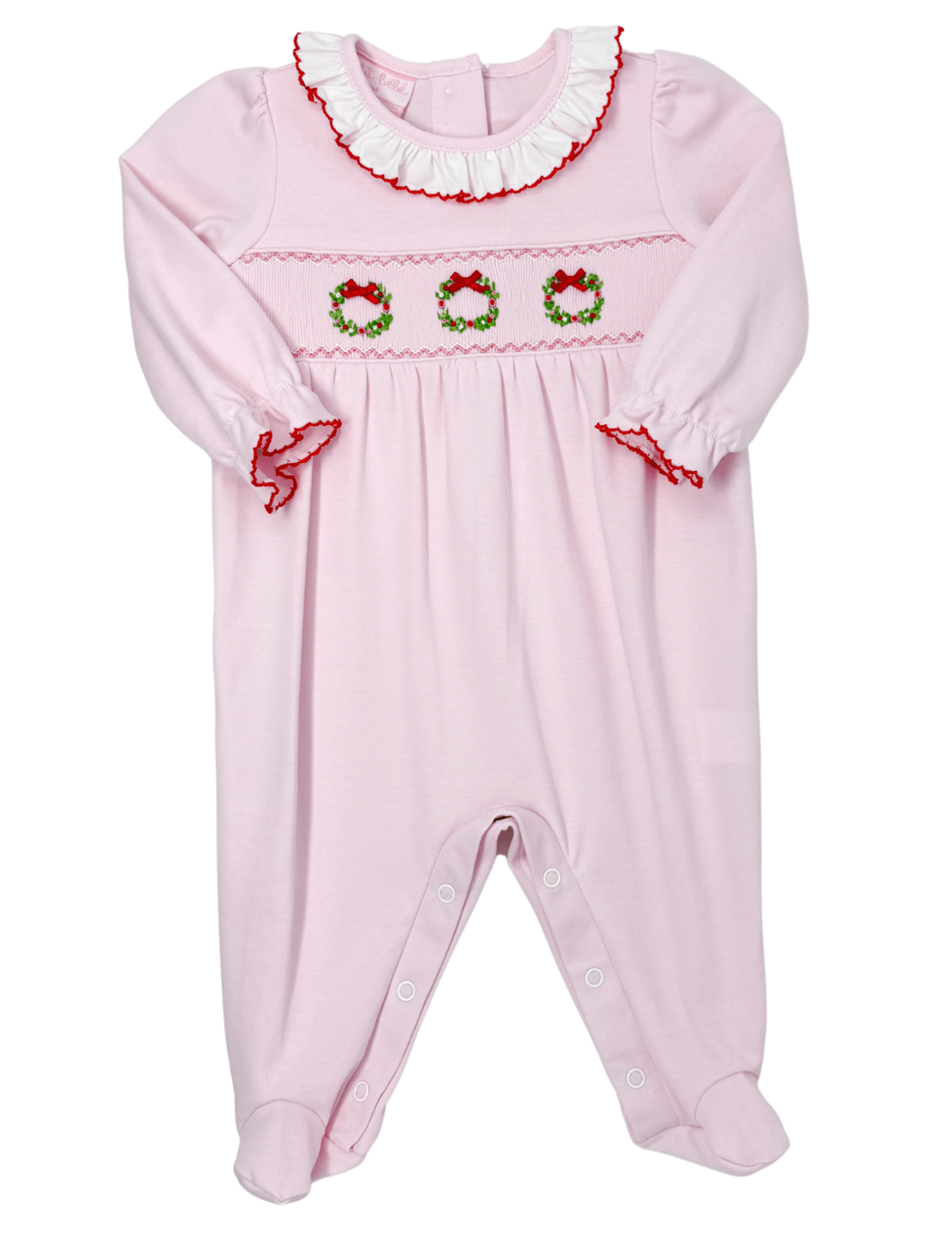 Girls Christmas Wreath Long Romper - Pink Girls Bubbles + Rompers Petit Bebe