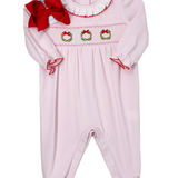 Girls Christmas Wreath Long Romper - Pink Girls Bubbles + Rompers Petit Bebe