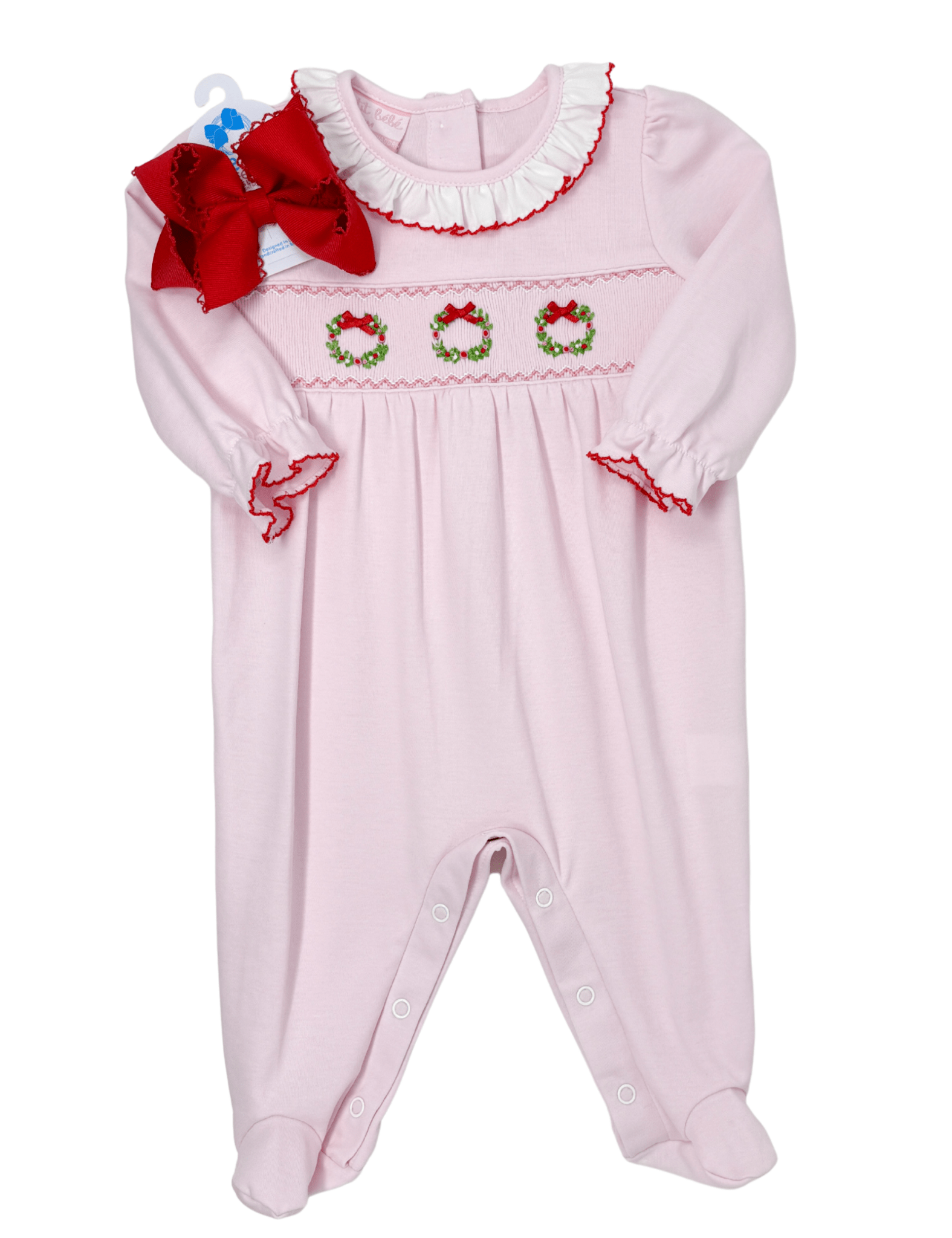Girls Christmas Wreath Long Romper - Pink Girls Bubbles + Rompers Petit Bebe