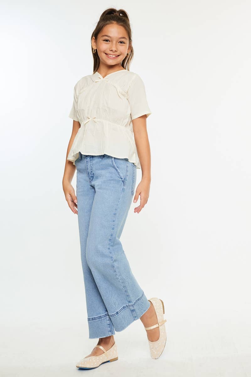 Girls Cropped Wide Leg Jeans - Medium Wash Girls Pants + Leggings Kan Can USA
