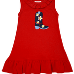 Girls Ruffle Neck Dress - Cowgirl Boot & Flowers Girls Play Dresses Luigi