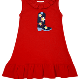 Girls Ruffle Neck Dress - Cowgirl Boot & Flowers Girls Play Dresses Luigi