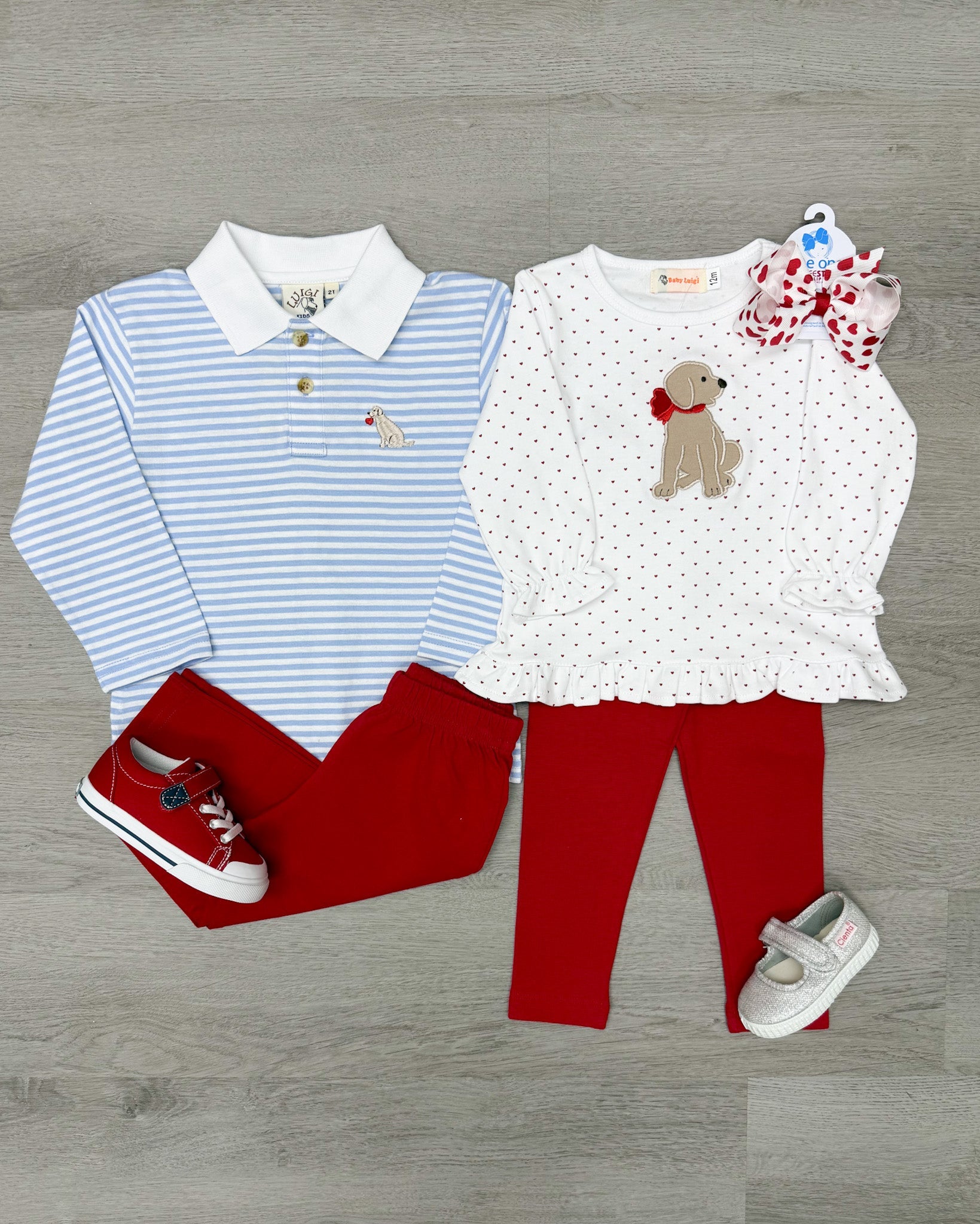 Girls Ruffle Swing Top - Red Hearts w/ Puppy Girls Tops + Tees Luigi