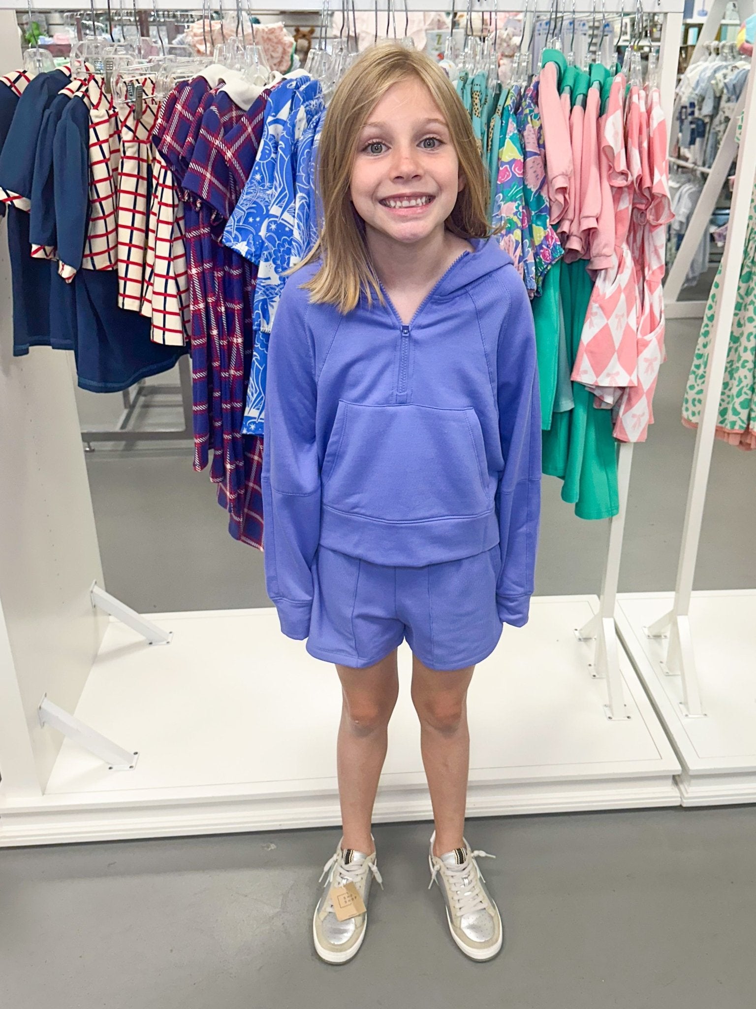 Girls Terry Brushed Half Zip Hoodie and Short Set - Periwinkle Girls Sets 90 Degree by Reflex