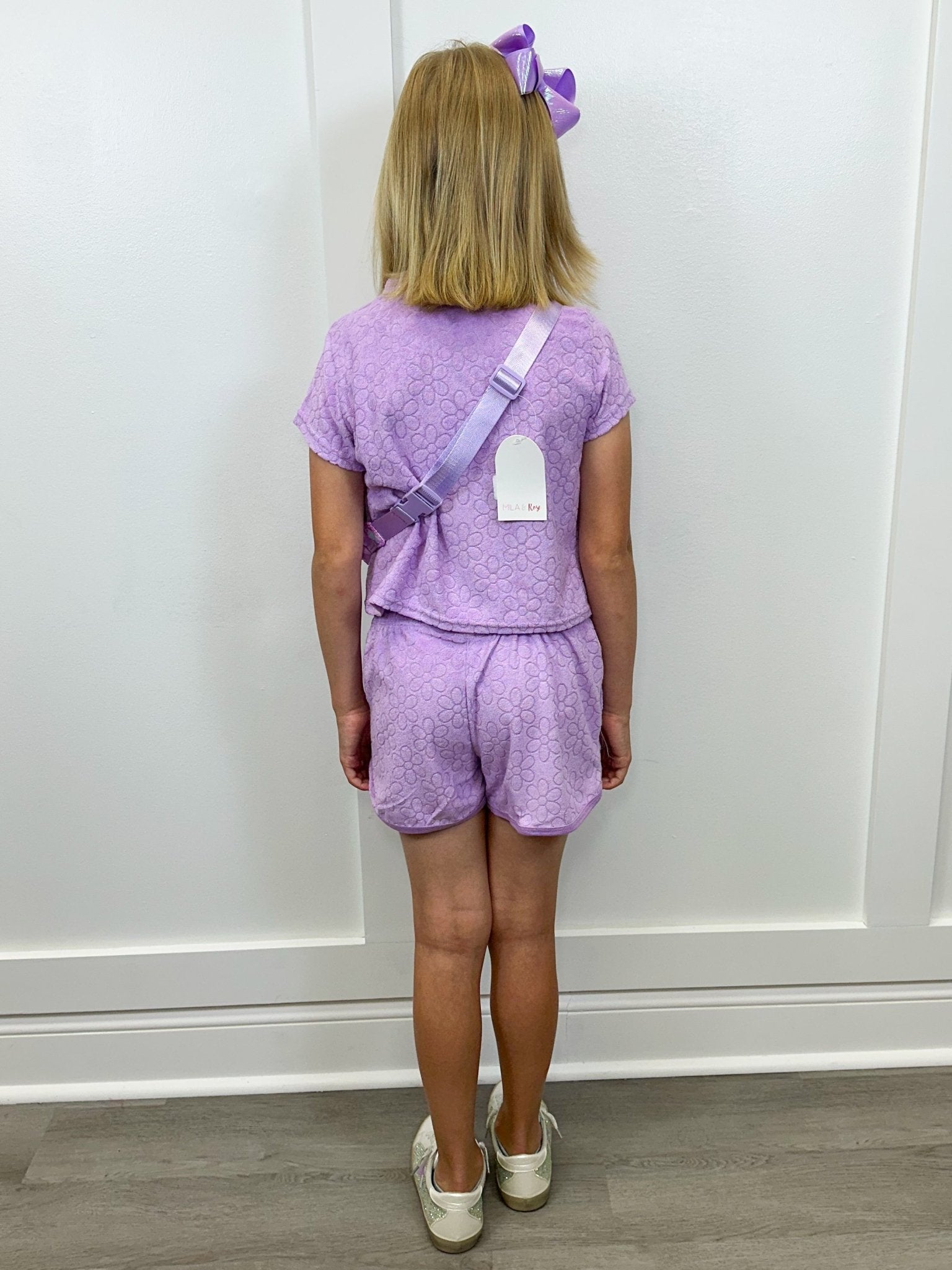 Girls Terry Short Sleeve Top + Short Set - Delicate Daisy Lilac Girls Sets 90 Degree by Reflex