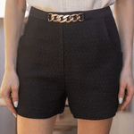 Gold Chain Detailed Waist Tweed Shorts - Black Shorts Voy