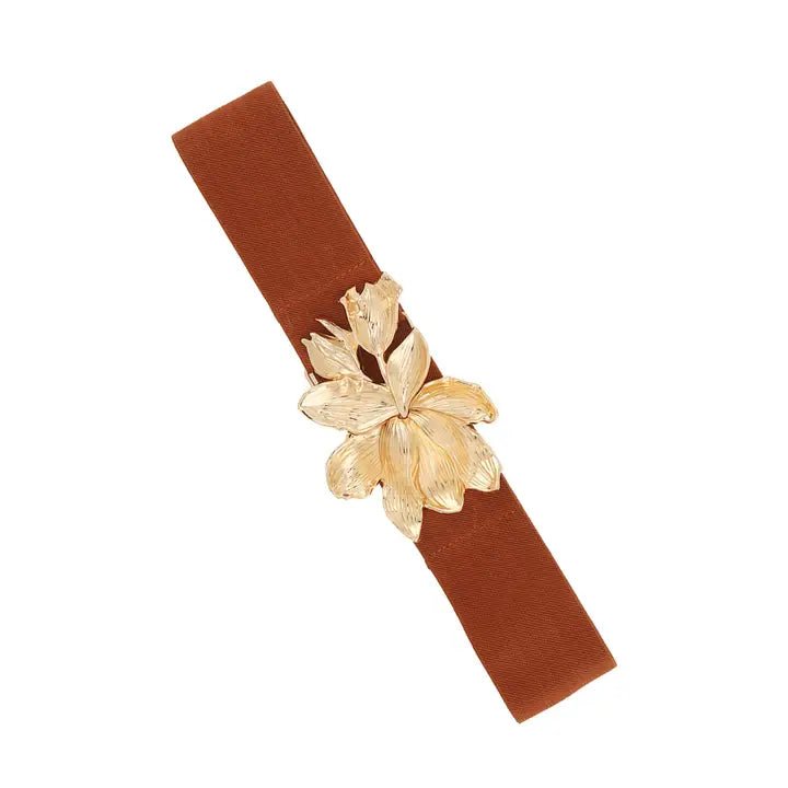 Gold Floral Buckle Elastic Belt - Camel