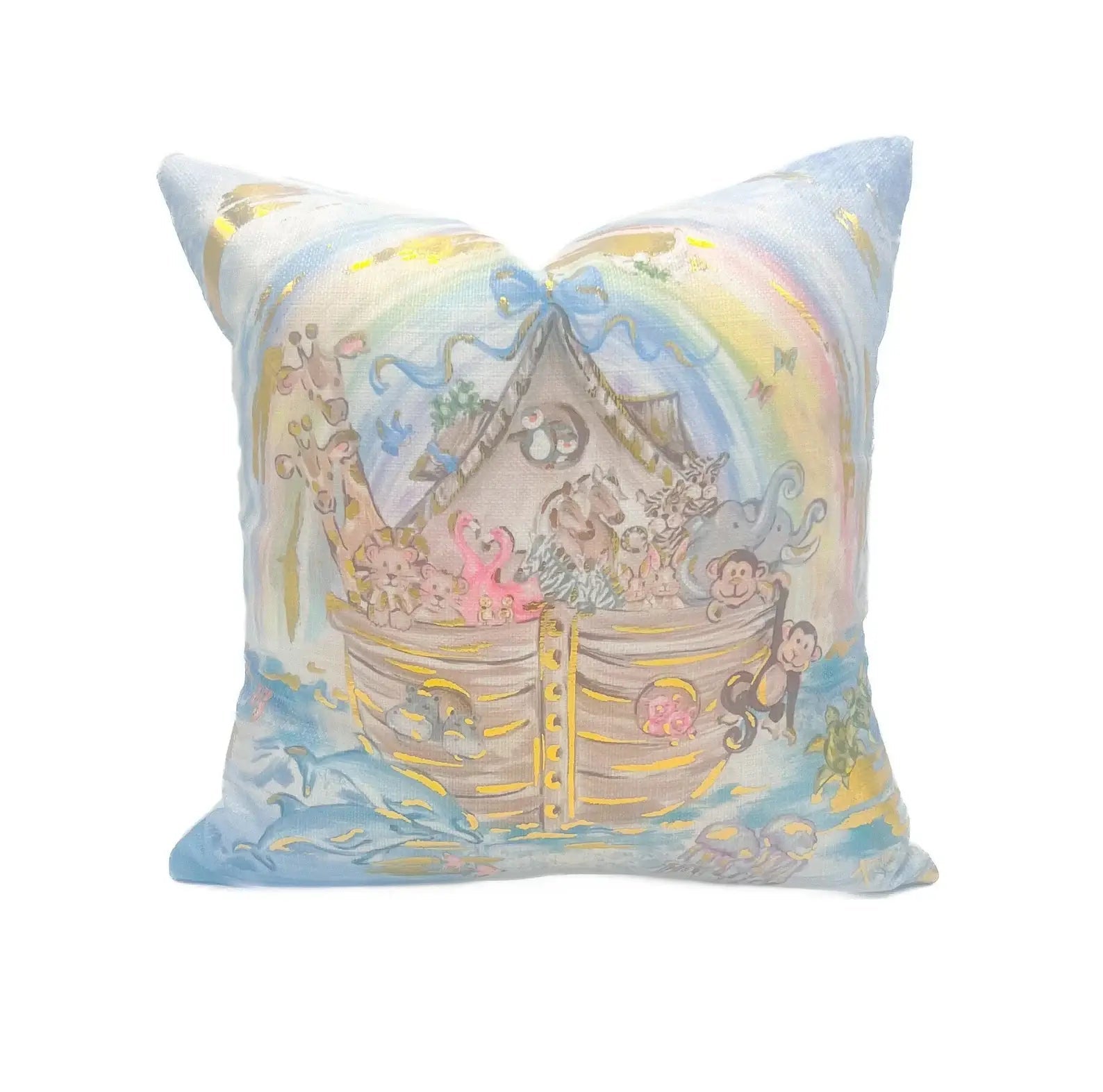 Gold Foil Noah's Ark with Blue Bow Pillow Textiles Rachel Brooks Design, LLC