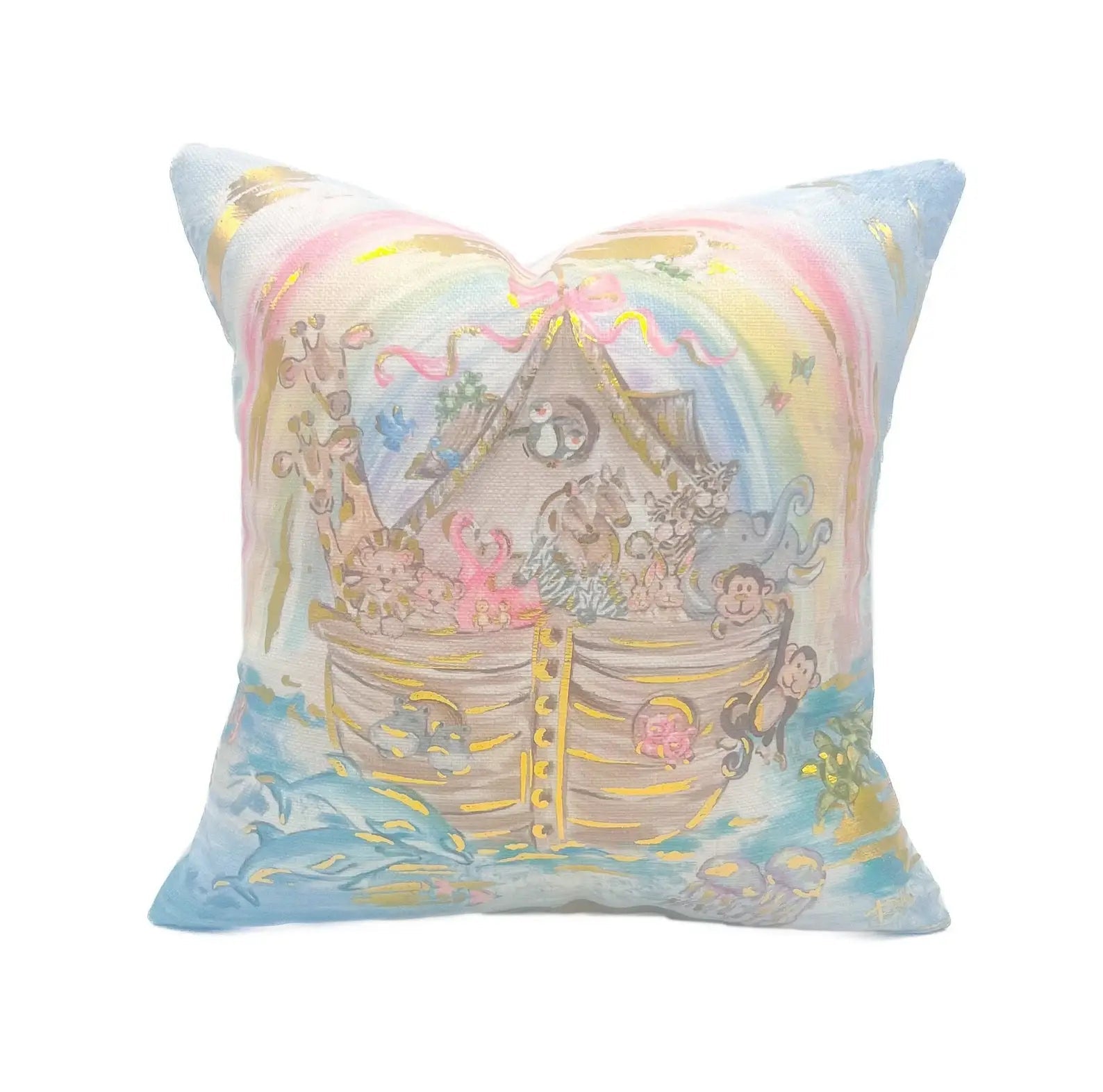 Gold Foil Noah's Ark with Pink Bow Pillow Textiles Rachel Brooks Design, LLC