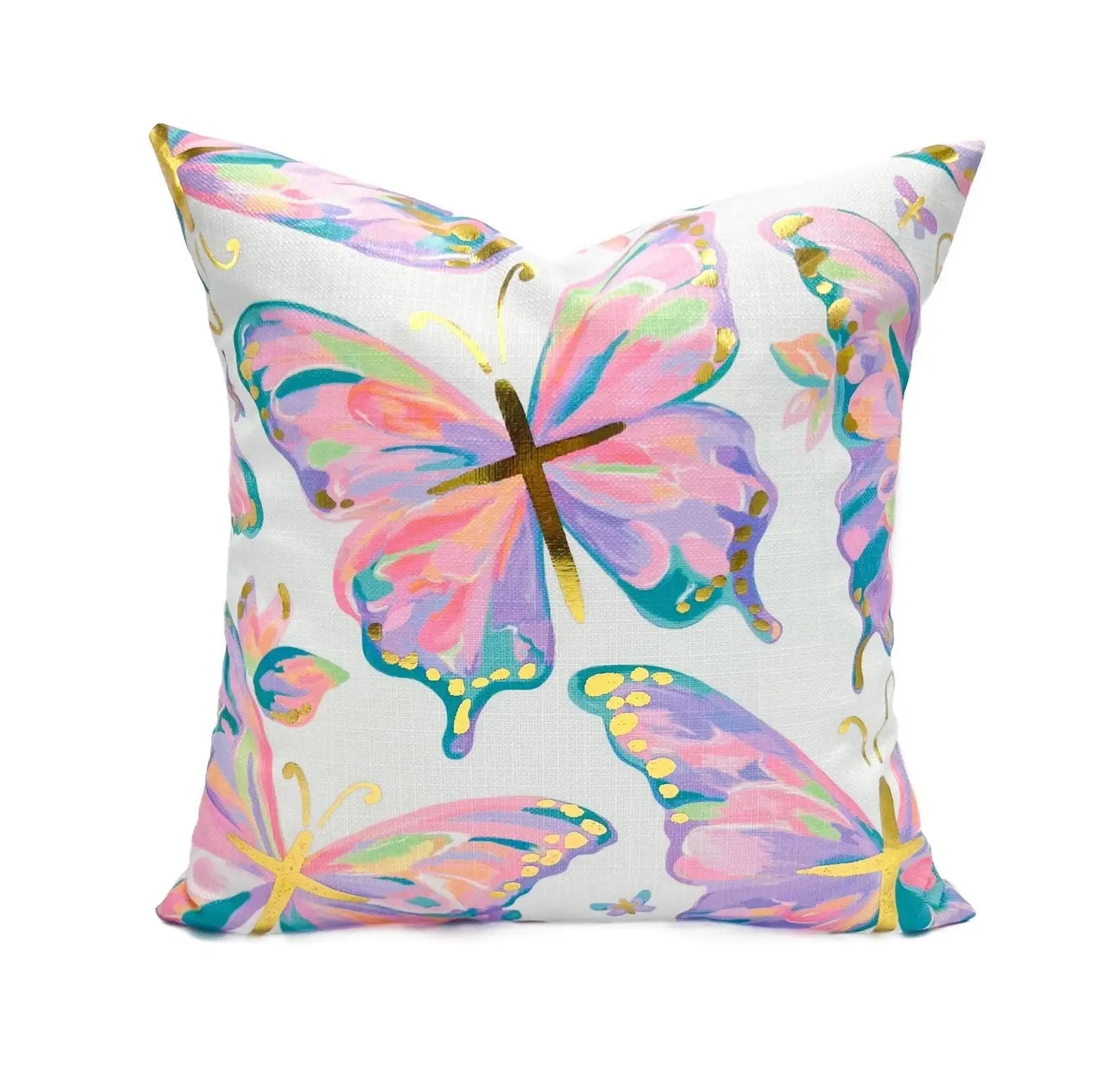 Gold Foil Princess Be Transformed Butterflies Pillow Textiles Rachel Brooks Design, LLC