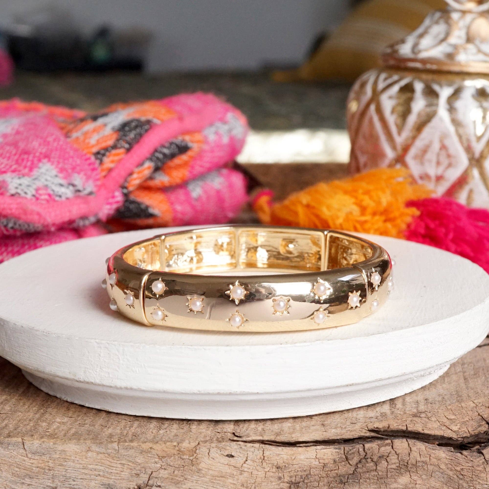 Gold-Tone Eternity Stretch Bangle – Wide - Clear Crystal Bracelets PennyLine inc