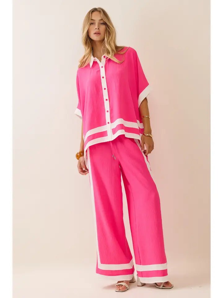 Heidi Contrast Trim Pants Set - Electric Fuchsia Tops Oddi