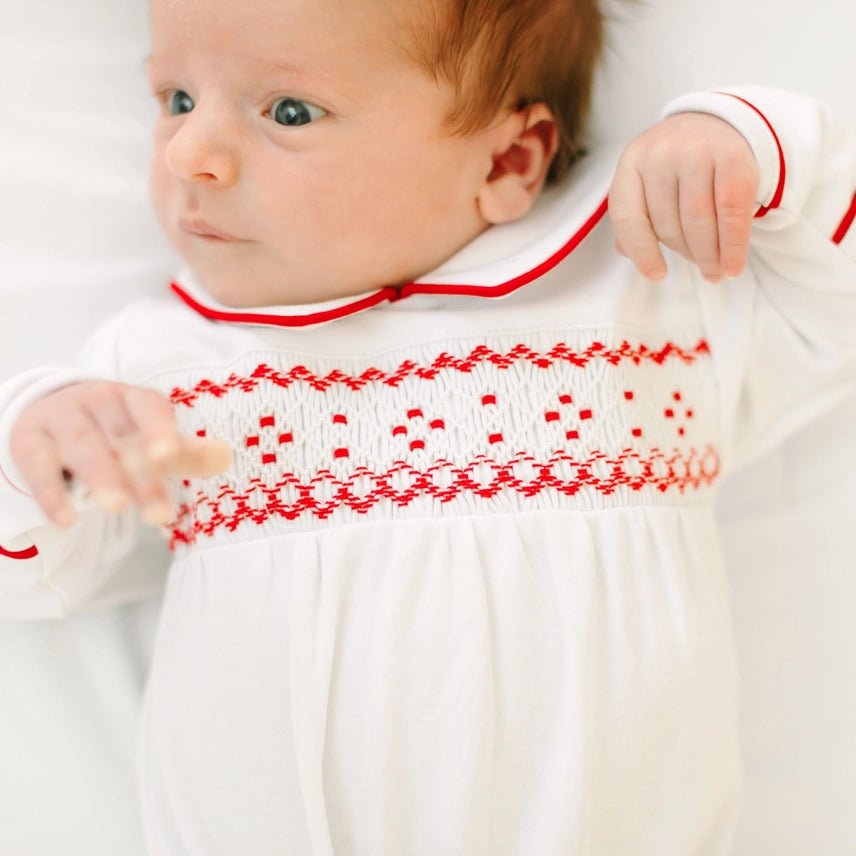 Henry Smocked Collared Boy Footie - White/Red Baby Sleepwear Magnolia Baby