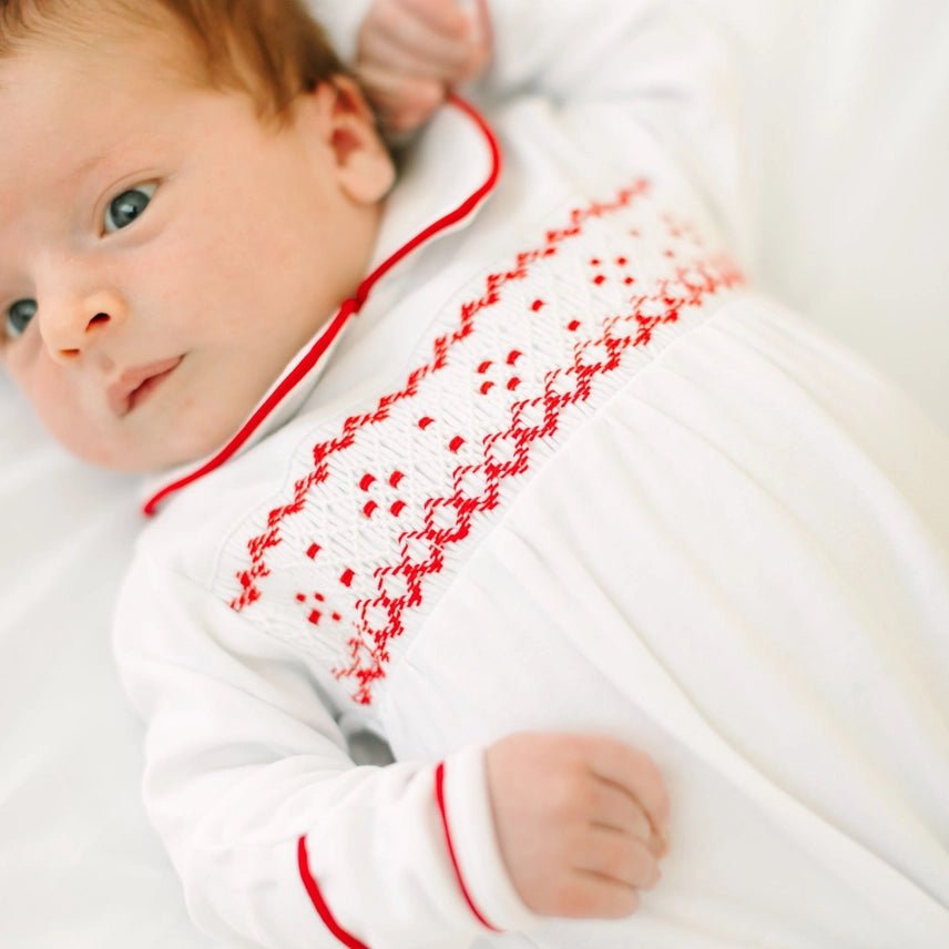 Henry Smocked Collared Boy Footie - White/Red Baby Sleepwear Magnolia Baby
