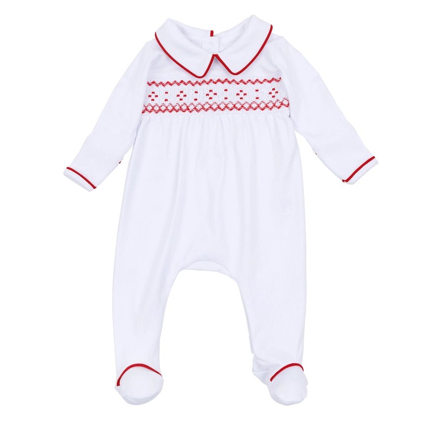 Henry Smocked Collared Boy Footie - White/Red Baby Sleepwear Magnolia Baby