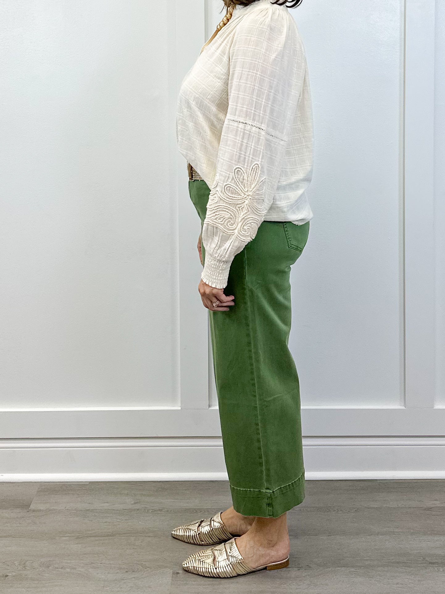 High Rise Fly Front Palazzo - Chive Pants Tribal