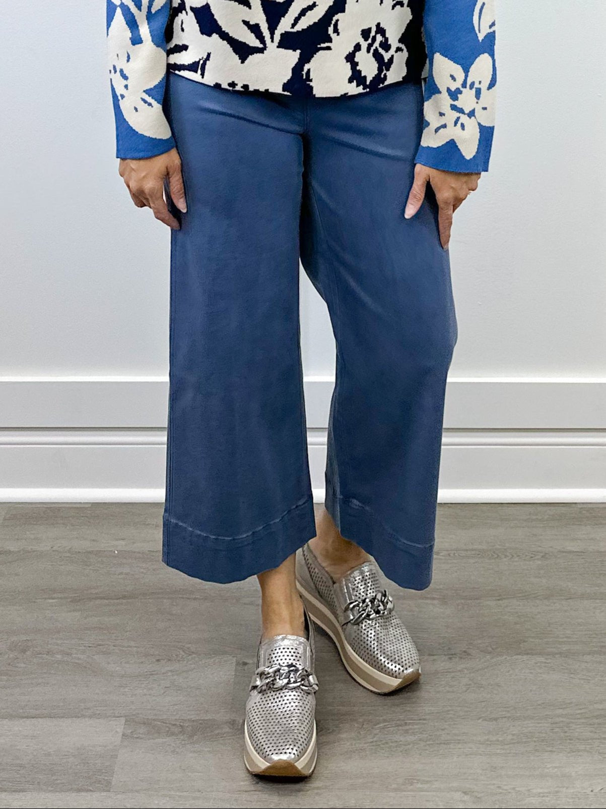 High Rise Fly Front Palazzo - Slate Blue