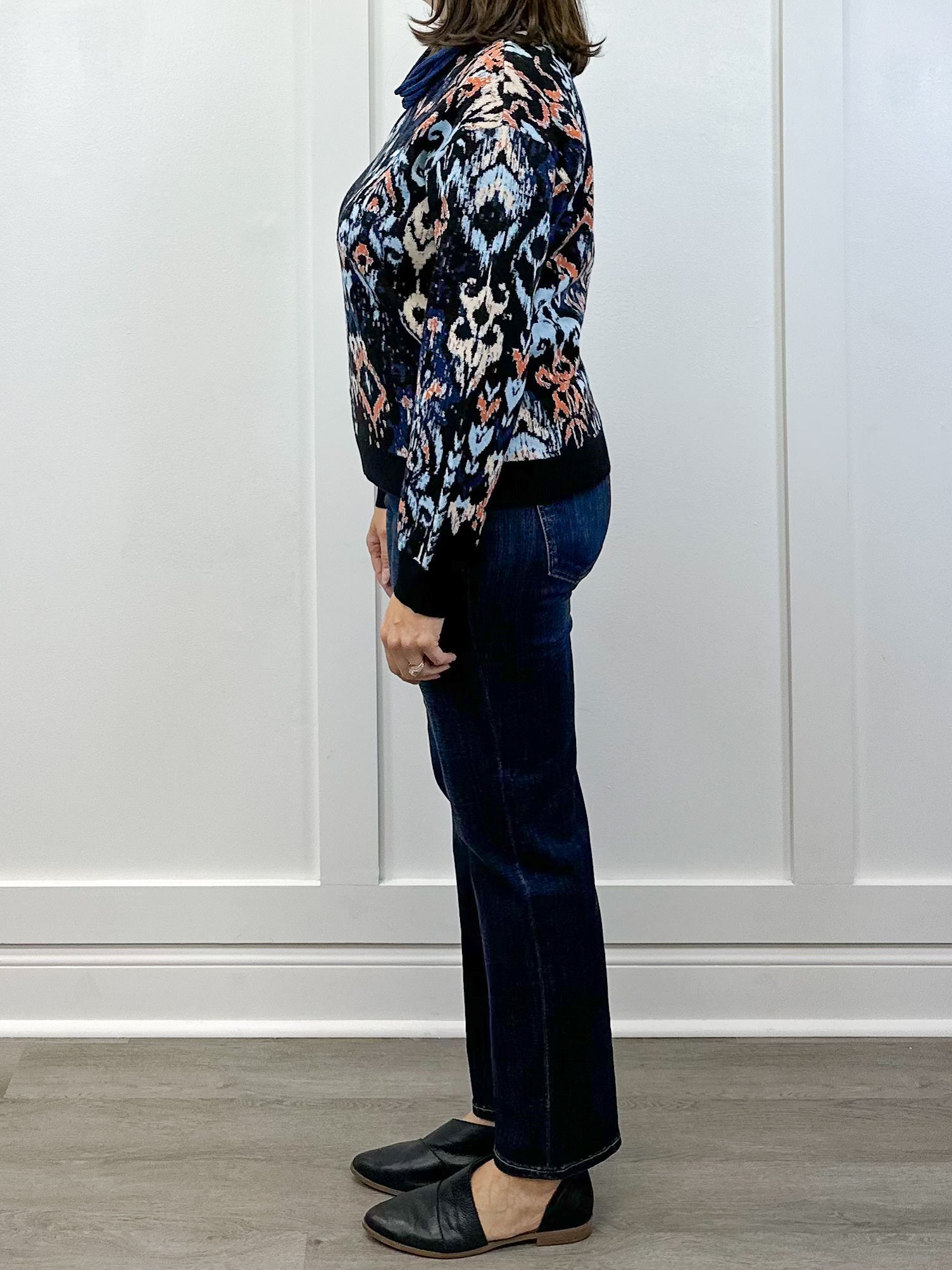 L/S Crewneck Dropped Shoulder Jacquard Sweater - Blue Multi Ikat Sweaters Liverpool
