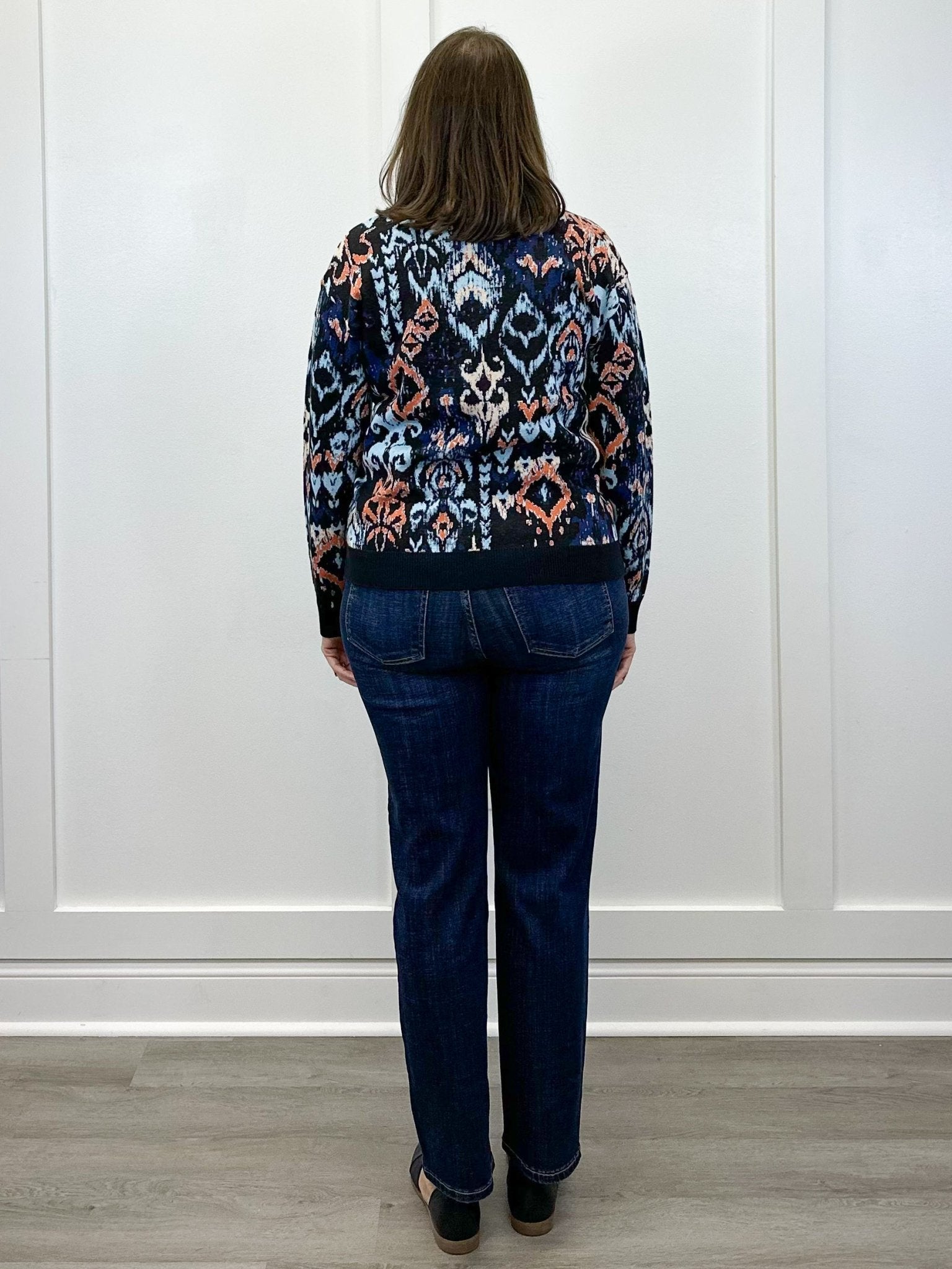 L/S Crewneck Dropped Shoulder Jacquard Sweater - Blue Multi Ikat Sweaters Liverpool