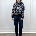 L/S Crewneck Dropped Shoulder Jacquard Sweater - Blue Multi Ikat Sweaters Liverpool