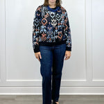 L/S Crewneck Dropped Shoulder Jacquard Sweater - Blue Multi Ikat Sweaters Liverpool