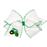 King Grosgrain Hair Bow with Moonstitch Edge and Farm Embroidery - Green Tractor Kids Hair Accessories Wee Ones