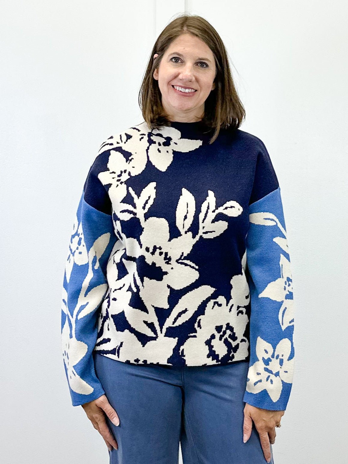 Knit Jacquard Funnel Neck Sweater - Sapphire
