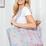 Light Blue Floral Quilted Tote Bag Purses + Totes LA Soul