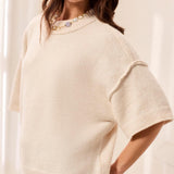 Lofty Elbow Sleeve Crew Neck Sweater - Cream Tops Tribal