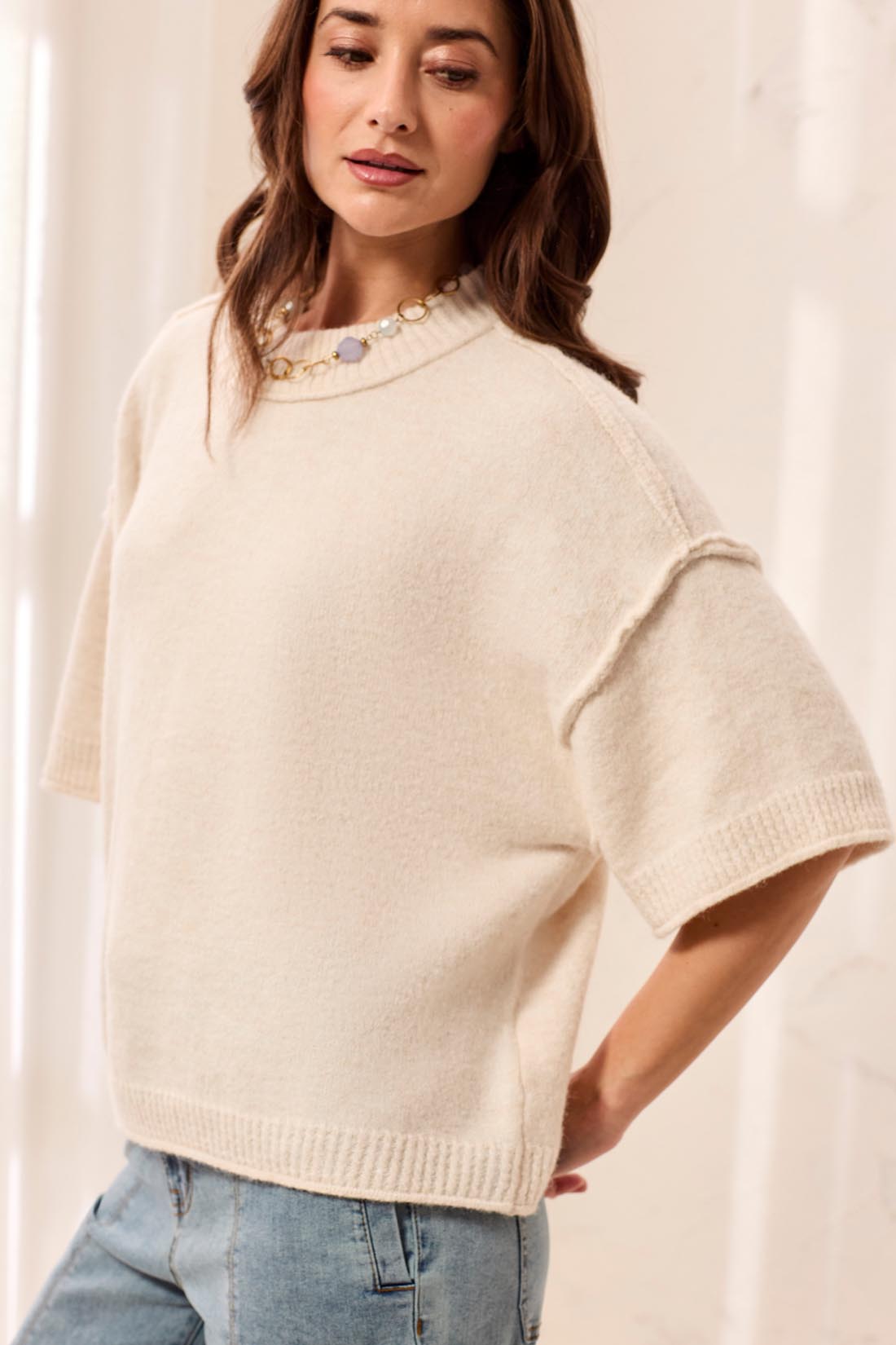Lofty Elbow Sleeve Crew Neck Sweater - Cream Tops Tribal