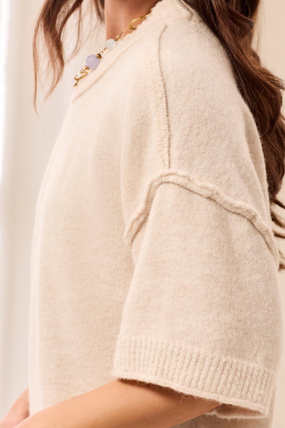 Lofty Elbow Sleeve Crew Neck Sweater - Cream Tops Tribal