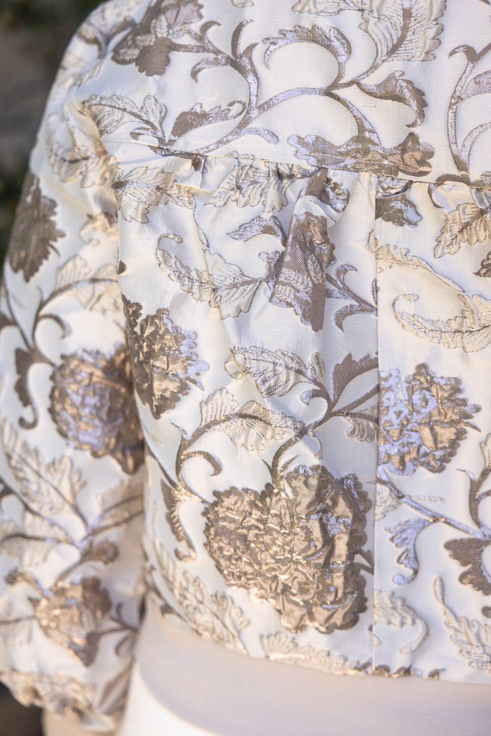 Long Puff Sleeve Floral Metallic Jacquard Bomber Jacket - Silver Outerwear VOY