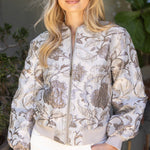 Long Puff Sleeve Floral Metallic Jacquard Bomber Jacket - Silver Outerwear VOY