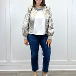 Long Puff Sleeve Floral Metallic Jacquard Bomber Jacket - Silver Outerwear VOY